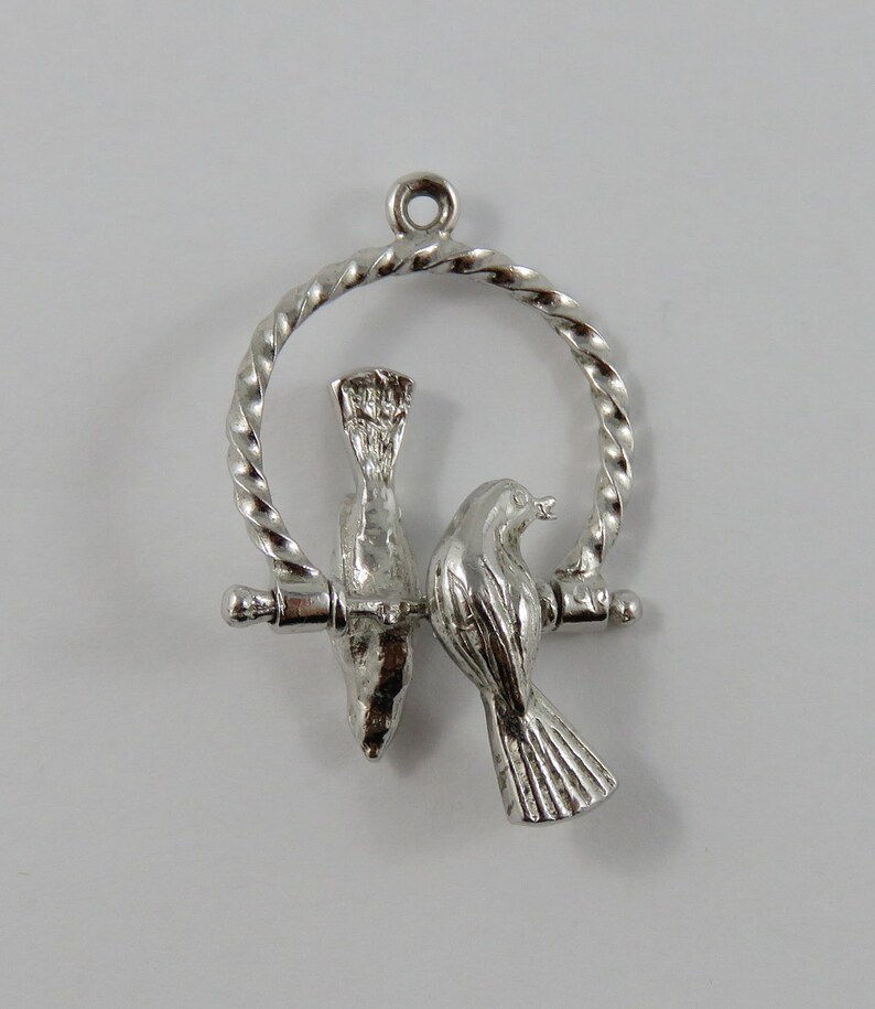 Love Birds on a Ring Mechanical Sterling Silver Vintage Charm For Bracelet