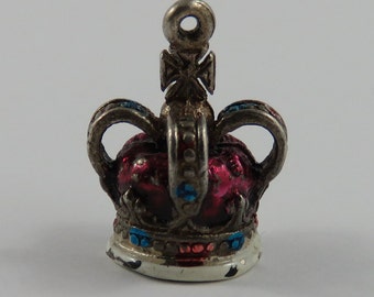 Enamel Crown Sterling Silver Vintage Charm For Bracelet