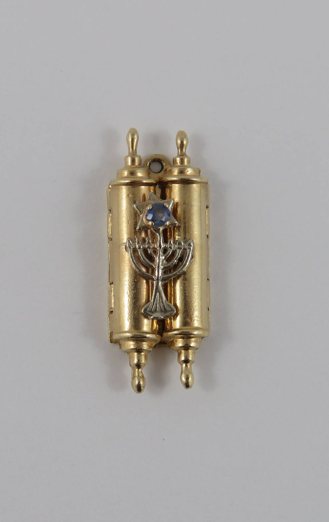 Torah Scroll With White Gold Menorah & Blue Stone Mechanical 14K Gold Vintage Charm for Bracelet