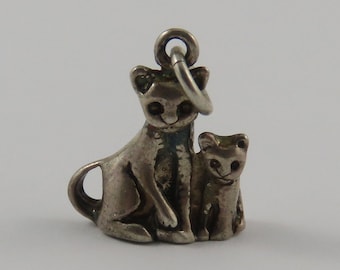 Ciondolo vintage in argento sterling con gatto e gattino per braccialetto