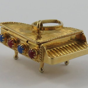 Grand Piano With Red & Blue Stones Mechanical 18K Gold Vintage Charm For Bracelet image 1