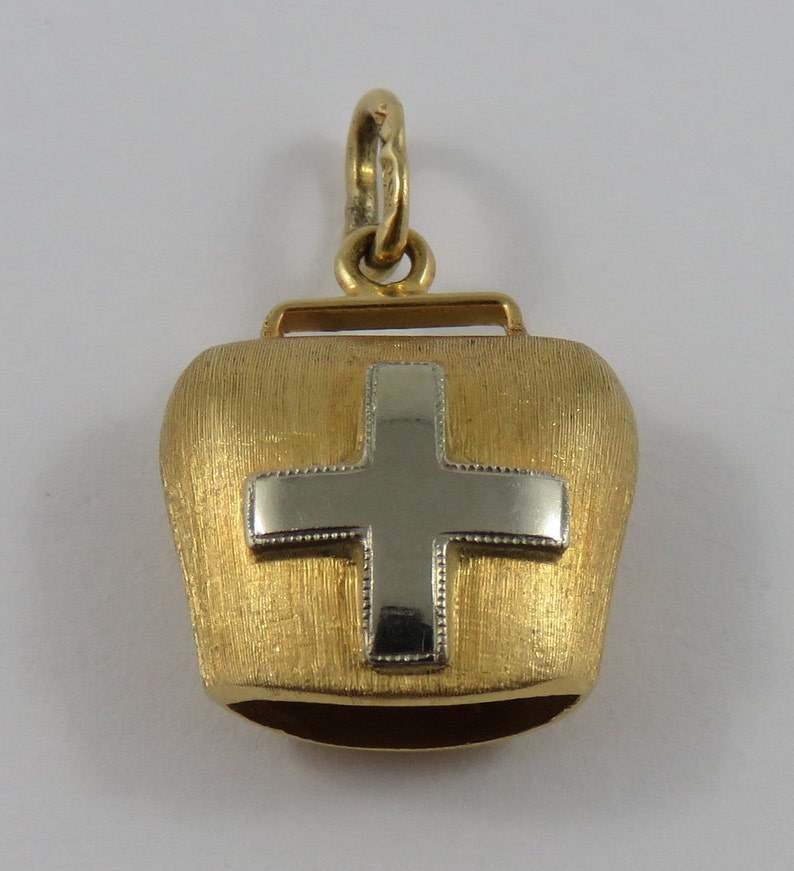 Ringing Bell With White Gold Cross Mechanical 18K Gold Vintage Charm For Bracelet