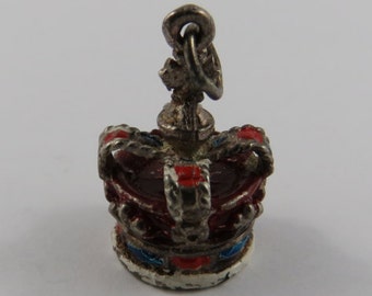 Crown With Red, Blue & White Enamel Sterling Silver Vintage Charm For Bracelet