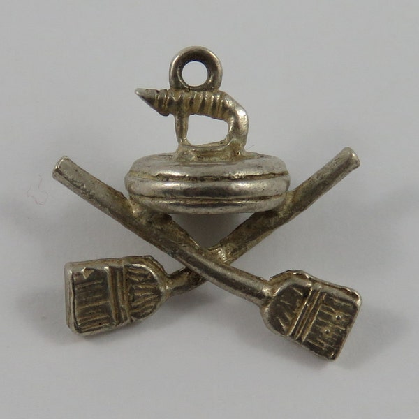 Curling Stone & Brooms Sterling Silver Vintage Charm For Bracelet