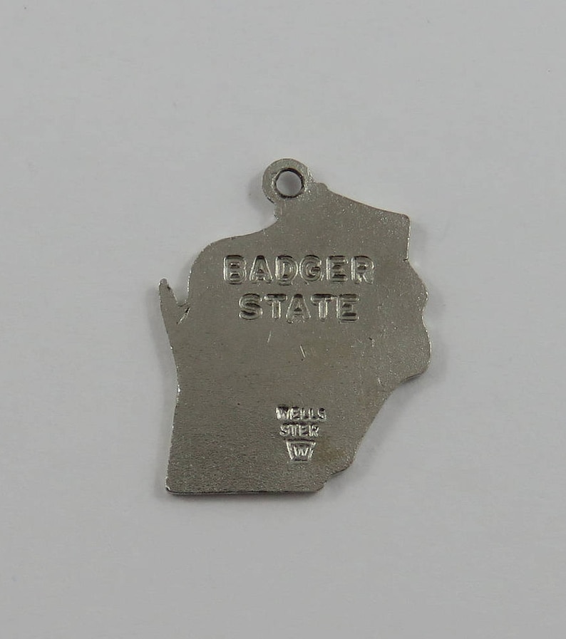 Green Enamel Map of Wisconsin State Badger State Sterling Silver Vintage Charm For Bracelet