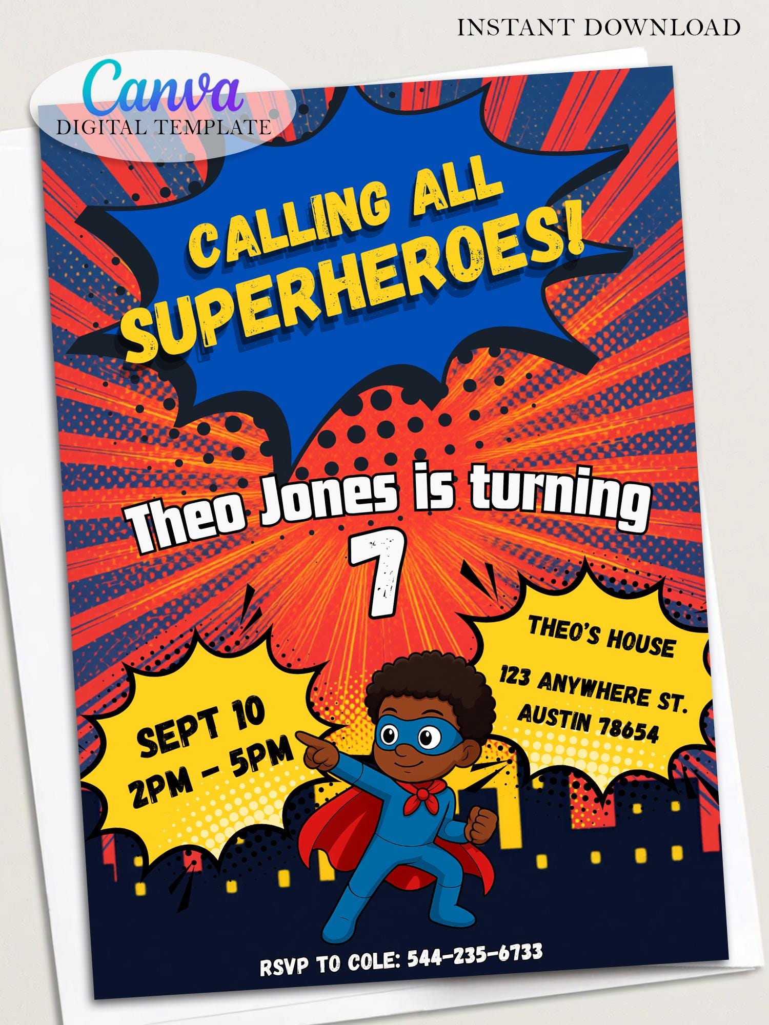 Superhero Birthday Invitation, Comic Book Party Invite, Editable Canva ...