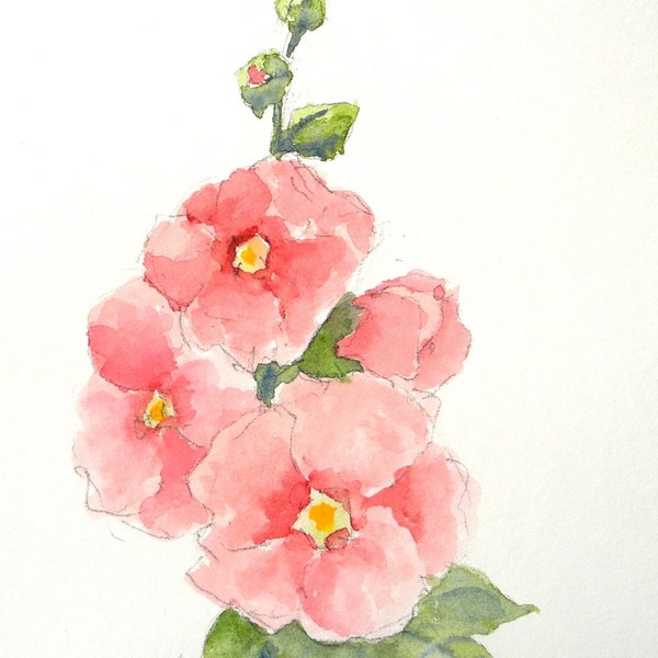 Original Artwork, Original Watercolor Floral Painting 5 x 7 Inches, Original Watercolor Hollyhock Painting, Not a Print or a Copy