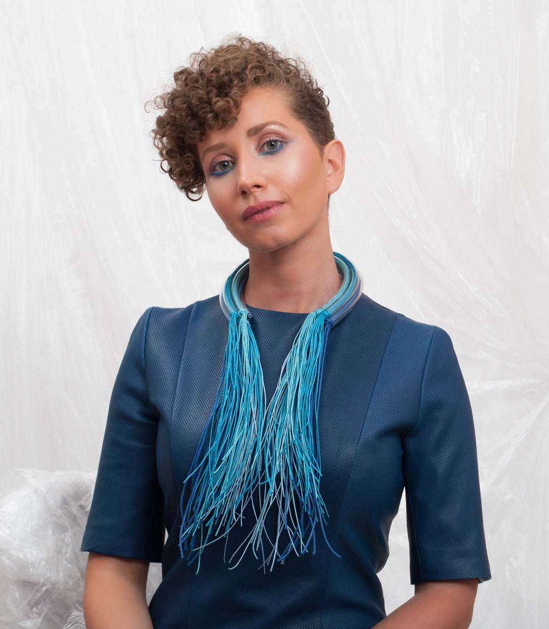 Modern Statement Necklace Blue Cord Necklace Rubber and Cord Etsy