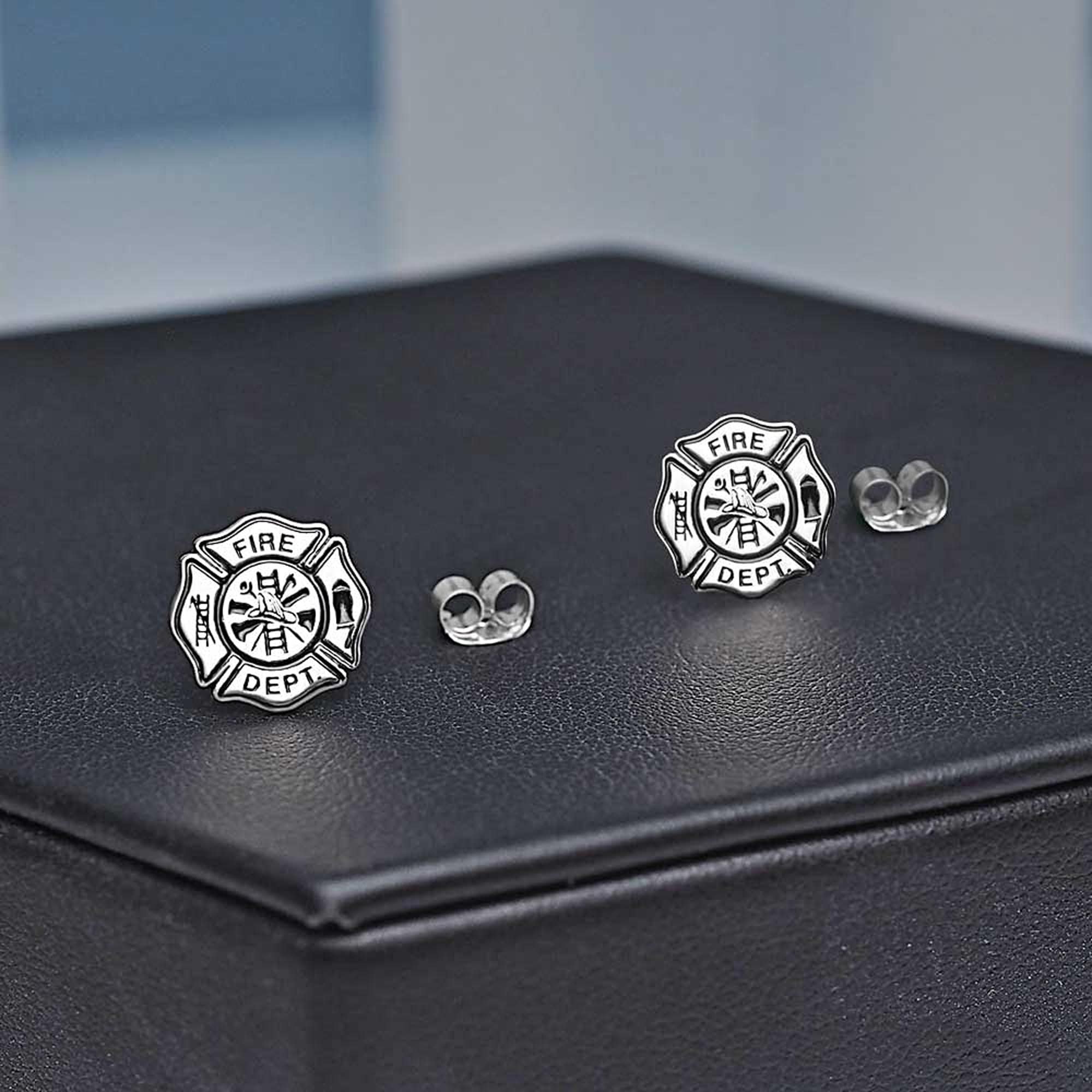 Fire Department Badge Circle Charm Earrings - French Hook, Clear Crystal Rhinestones - View #8