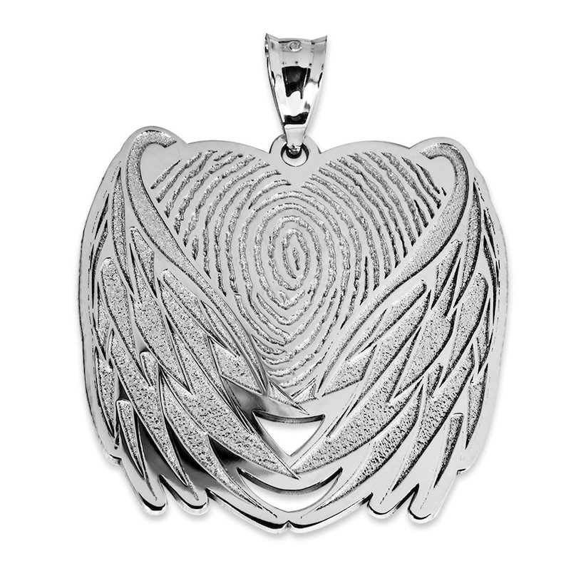 May include: Silver pendant in the shape of a heart with angel wings. The heart features a detailed fingerprint design.