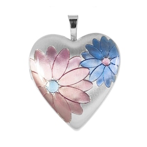 Sterling Silver Pink and Blue Flower Heart Photo Locket - 3/4 inch x 3/4 inch