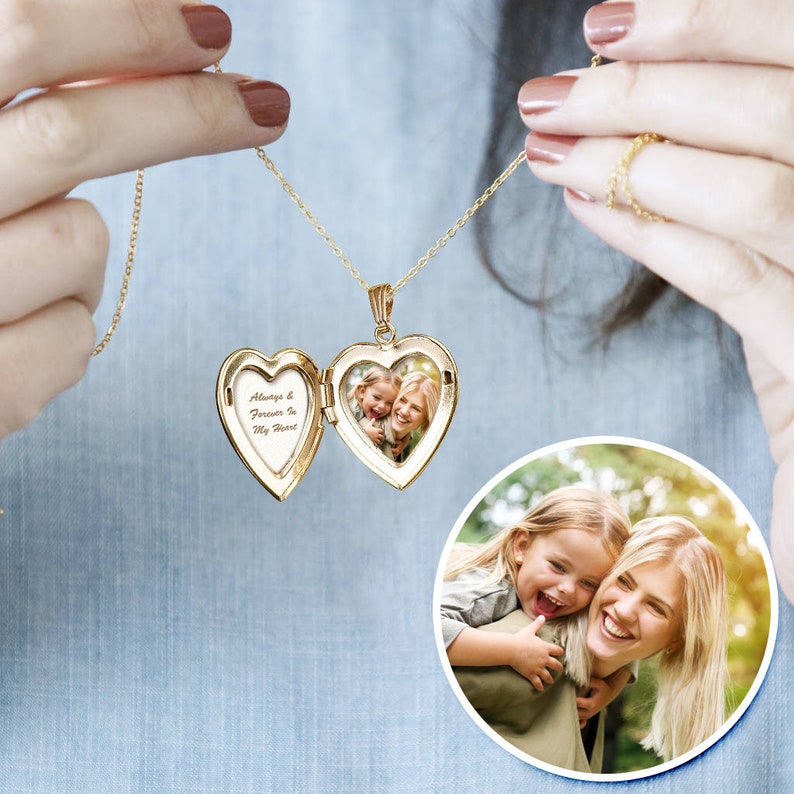 Locket Necklace 14k Gold Always In My Heart Locket Always in My Heart Locket Necklace Picture Locket Necklace in Yellow Gold image 4