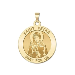 May include: Gold-toned pendant featuring a round medallion with an image of Saint Petka. The medallion has the words "Saint Petka" and "Pray For Us" inscribed around the edge.