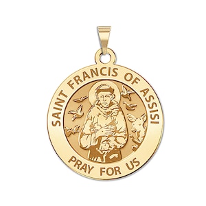 Solid 14K Gold Saint Francis of Assisi Round Religious Medal