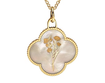Personalized Birth Flower Clover Necklace - Birth Flower Necklace