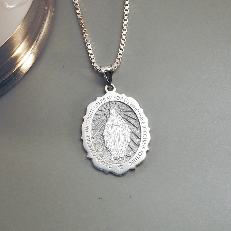 Miraculous Medal Scalloped Oval - 10K/14K Gold Or Sterling Silver, 3 Sizes Available 9 thumbnail image