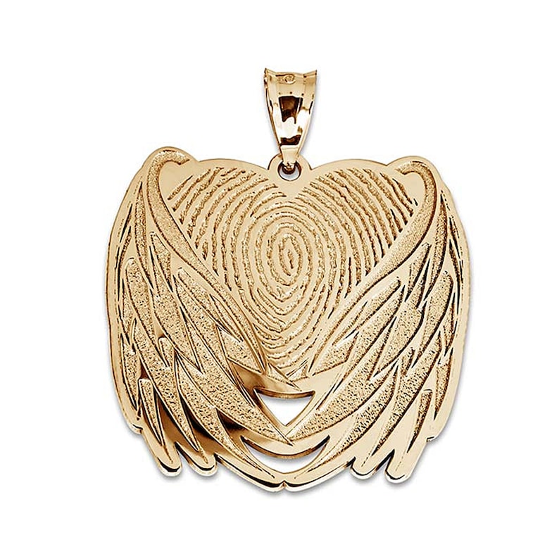 May include: Gold-tone pendant necklace featuring a heart-shaped design with angel wings and a fingerprint detail.