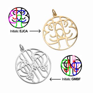 May include: Gold and silver-colored pendant necklaces with a circular design. The pendants feature initials in an openwork style. The image includes the text "Initials: EJCA" and "Initials: GMBF".