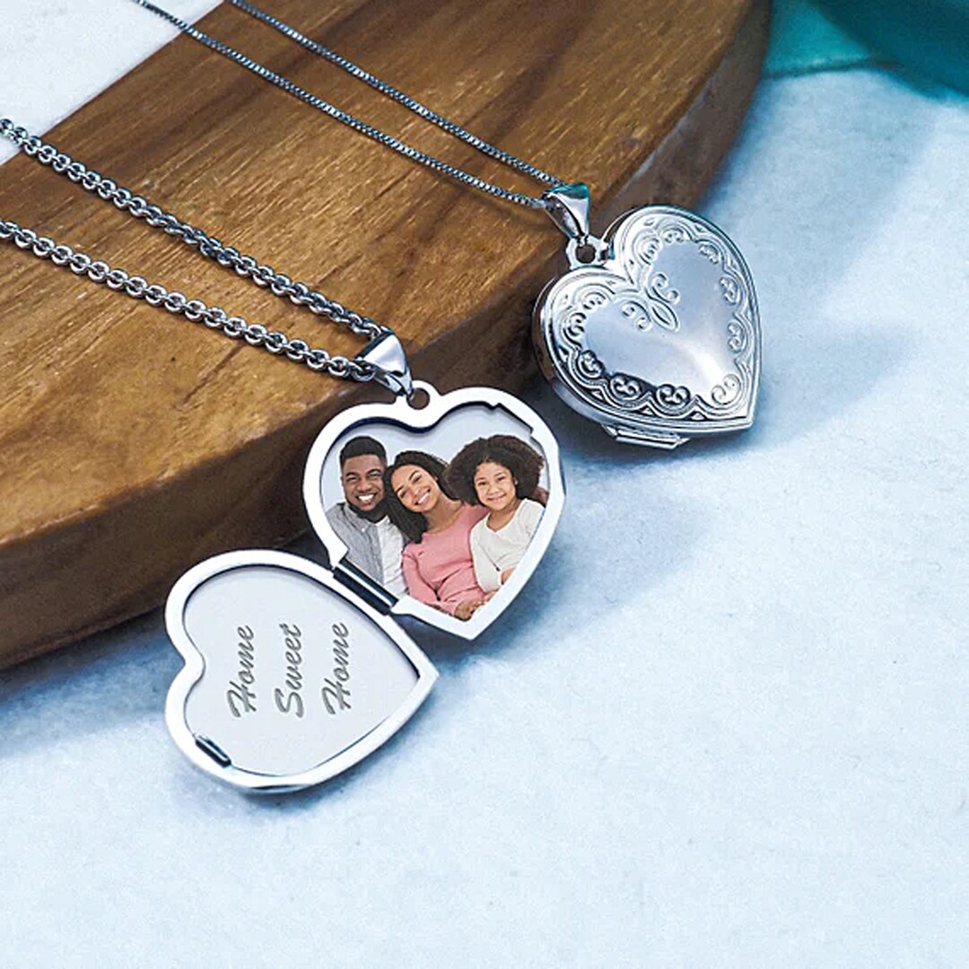 Silver Floral Heart Photo Locket – Holds 2 Photos, Includes 18-inch ...