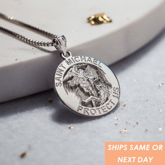 St Michael Pendant Saint Medal Necklace Round - Saint Michael Pendant Gold