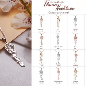 Personalized Birth Month Flower Necklace • Birth Month Flower Name Necklace • Birth Month Jewelry • Custom Birth Flower Necklace