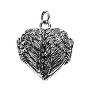 May include: Silver heart-shaped locket with angel wings on the front. The wings are detailed and have a textured finish.