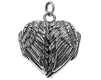 Angel Wings Necklace, Sterling Silver Angel Wing Heart Photo Locket - 1 inch x 1 inch