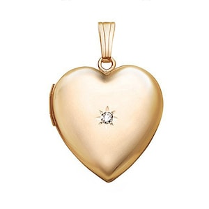 Solid 14k Yellow Gold Diamond Heart Photo Locket Necklace - Gold Diamond Locket Necklace