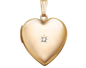 Solide 14k Gelbgold Diamant Herz Foto Locket Halskette