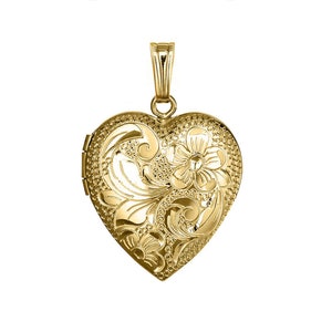 14k Gold gefüllte Blumen Herz Foto Locket, Gold Floral Medaillon, Zierliche Gold Medaillon Halskette mit Foto im Inneren.