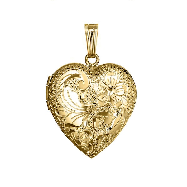 14k gold filled hartfoto medaillon met bloemen, gouden bloemen medaillon, sierlijke gouden medaillon ketting met foto erin.