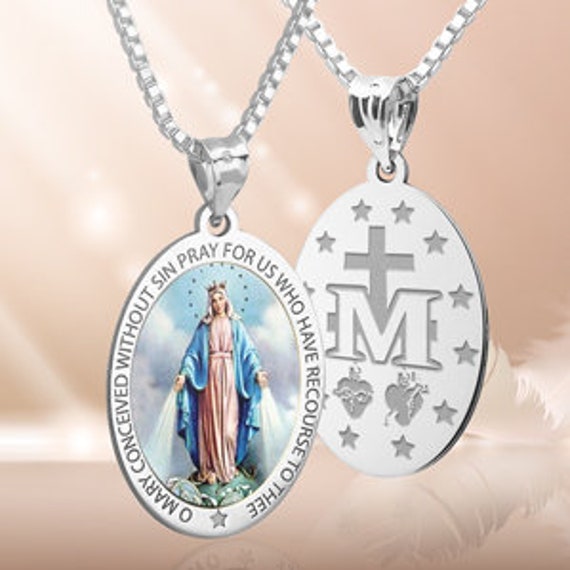 Solid 10K White Gold Miraculous Medal Virgin Mary Pendant, 3/4, Catholic