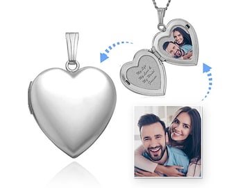 Medallón con foto de estilo clásico • Medallón con foto en forma de corazón de plata esterlina • Collar con medallón en forma de corazón de plata esterlina para mujeres y niñas