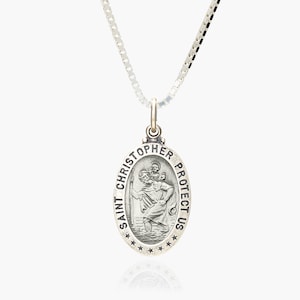 Sterling Silver Antiqued Saint Christopher Oval Religious Medal • Saint Christopher Medal Necklace • Silver Catholic Saint Christopher Medal