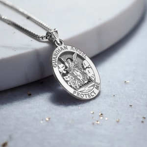 Guardian Angel Necklace • Our Guardian Angel Oval Religious Medal Necklace Pendant • Silver Guardian Angel Necklace