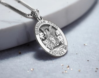 Guardian Angel Necklace • Our Guardian Angel Oval Religious Medal Necklace Pendant • Silver Guardian Angel Necklace