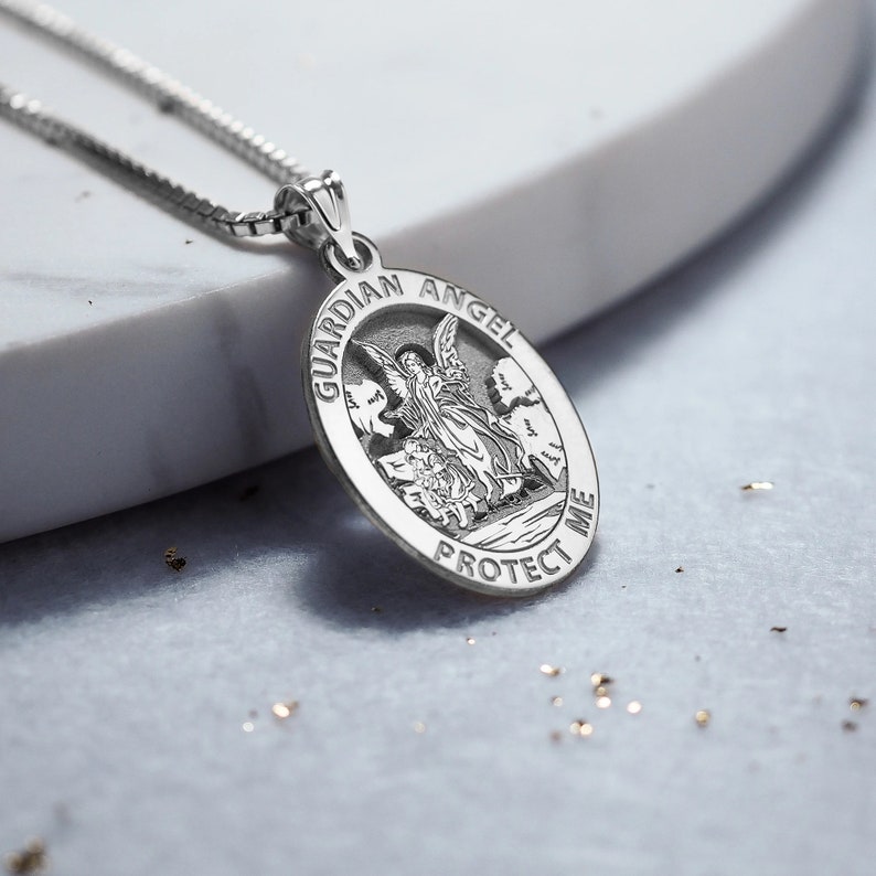 Guardian Angel Necklace Our Guardian Angel Oval Religious Medal Necklace Pendant Silver Guardian Angel Necklace image 1