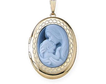 Solid 14K Yellow Gold Mother & Child Cameo Oval Photo Locket - 3/4 inch x 1 inch