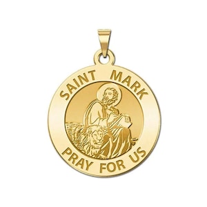 May include: Gold-toned Saint Mark medal with a raised image of Saint Mark sitting with a lion. The medal has the words "Saint Mark" and "Pray For Us" inscribed around the edge.