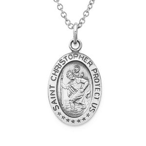 Sterling Silver Antiqued Saint Christopher Oval Religious Medal • Saint Christopher Medal Necklace • Silver Catholic Saint Christopher Medal