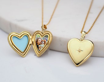 14k Solid Yellow Heart Photo Locket with Diamond - Exclusive Laser Color Photo Engraving