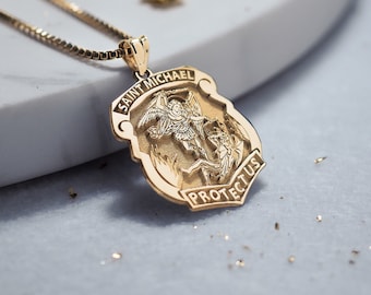 Solid 14K Gold Saint Michael Badge Pendant Necklace - Gold Saint Michael Police Badge Necklace