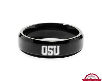 Officially Licensed Ohio State University (OSU) College Black Stainless Ring, Mens OSU Ring.