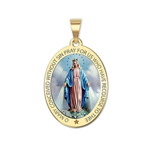 Solid 14K Gold Miraculous Medal "EXCLUSIVE" Color Oval Pendant, Gold Miraculous Medal Necklace