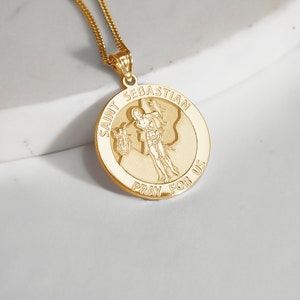 Saint Sebastian Necklace Saint Sebastian Medal Necklace Patron Saint Sebastian Round Religious Medal Catholic St Sebastian Necklace 14K Gold Plated