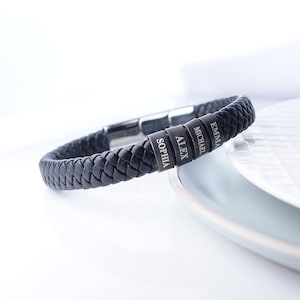 Mens Leather Bracelet - Personalized Mens Black Leather Bracelet With Custom Engraved Charms