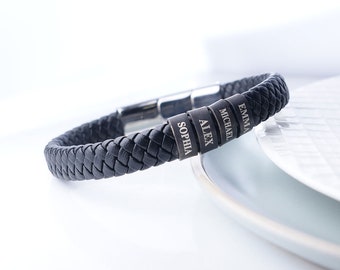 Personalized Mens Black Leather Bracelet With Custom Engraved Name Charms - Perfect Gift for Men