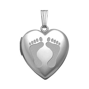 Sterling Silver Baby Footprints Heart Photo Locket - 3/4 inch x 3/4 inch