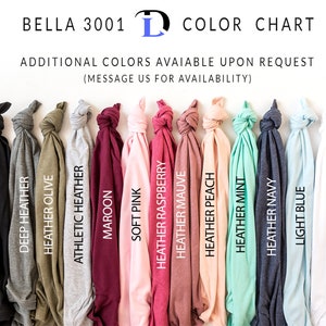 May include: Color chart showing 13 different Bella + Canvas 3001 t-shirt colors. The colors are: Heather Black, Deep Heather, Heather Olive, Athletic Heather, Maroon, Soft Pink, Heather Raspberry, Heather Mauve, Heather Peach, Heather Mint, Heather Navy, Light Blue, and White.