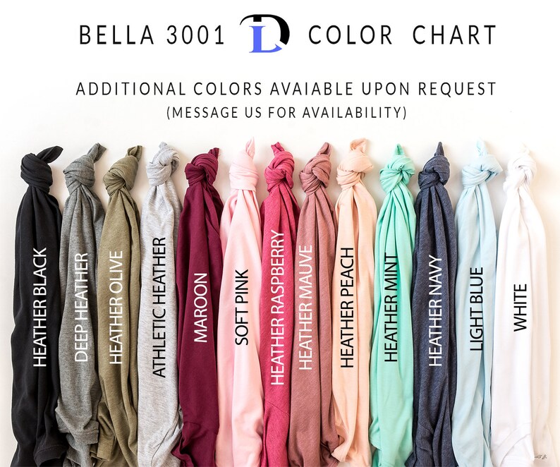 May include: Color chart showing 13 different Bella + Canvas 3001 t-shirt colors. The colors are: Heather Black, Deep Heather, Heather Olive, Athletic Heather, Maroon, Soft Pink, Heather Raspberry, Heather Mauve, Heather Peach, Heather Mint, Heather Navy, Light Blue, and White.